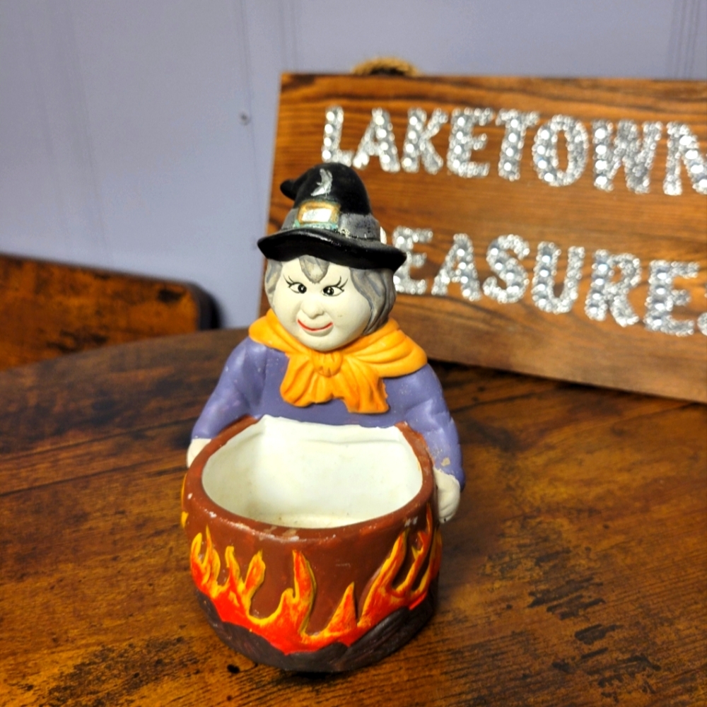 Vintage Witch Figurine with Cauldron ceramic holds votive